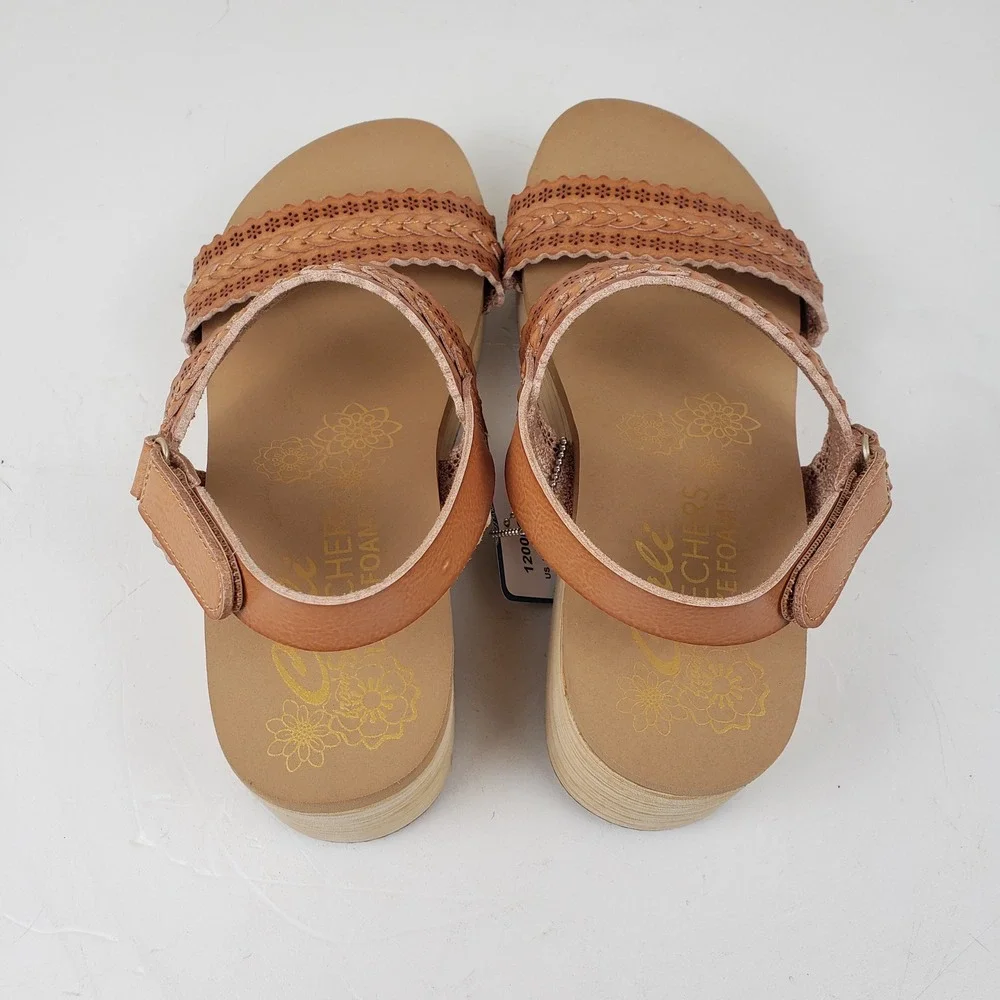 Skechers Women's 8.5 Tan Wedge Sandals Cali Summers Coastal Stroll Luxe Foam